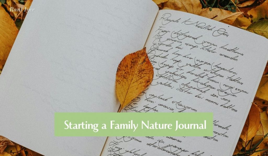 Open journal with handwritten text on right page, blank left page. Autumn leaf on journal, surrounded by fall leaves. Text overlay: "Starting a Family Nature Journal". Autumn theme.